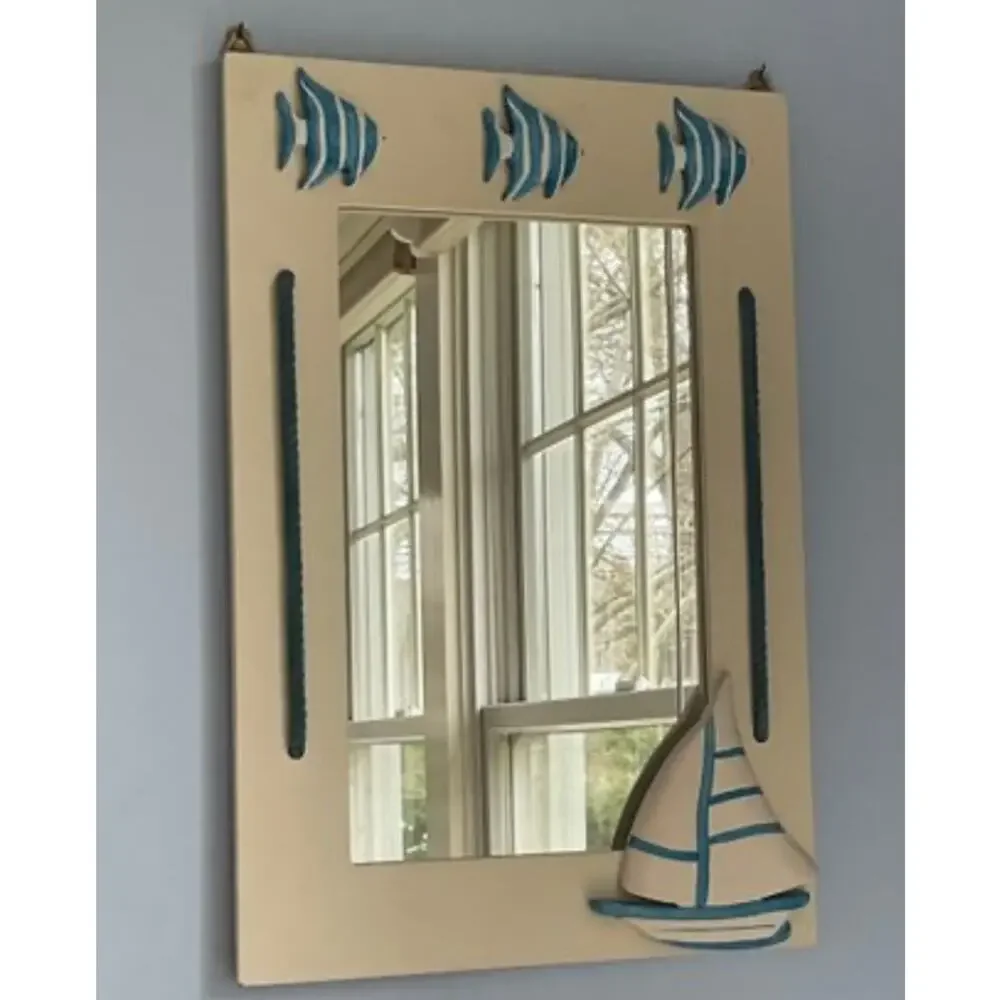 Fish And Sailboat Painted Wood Wall Mirror Beach-house Vibes!